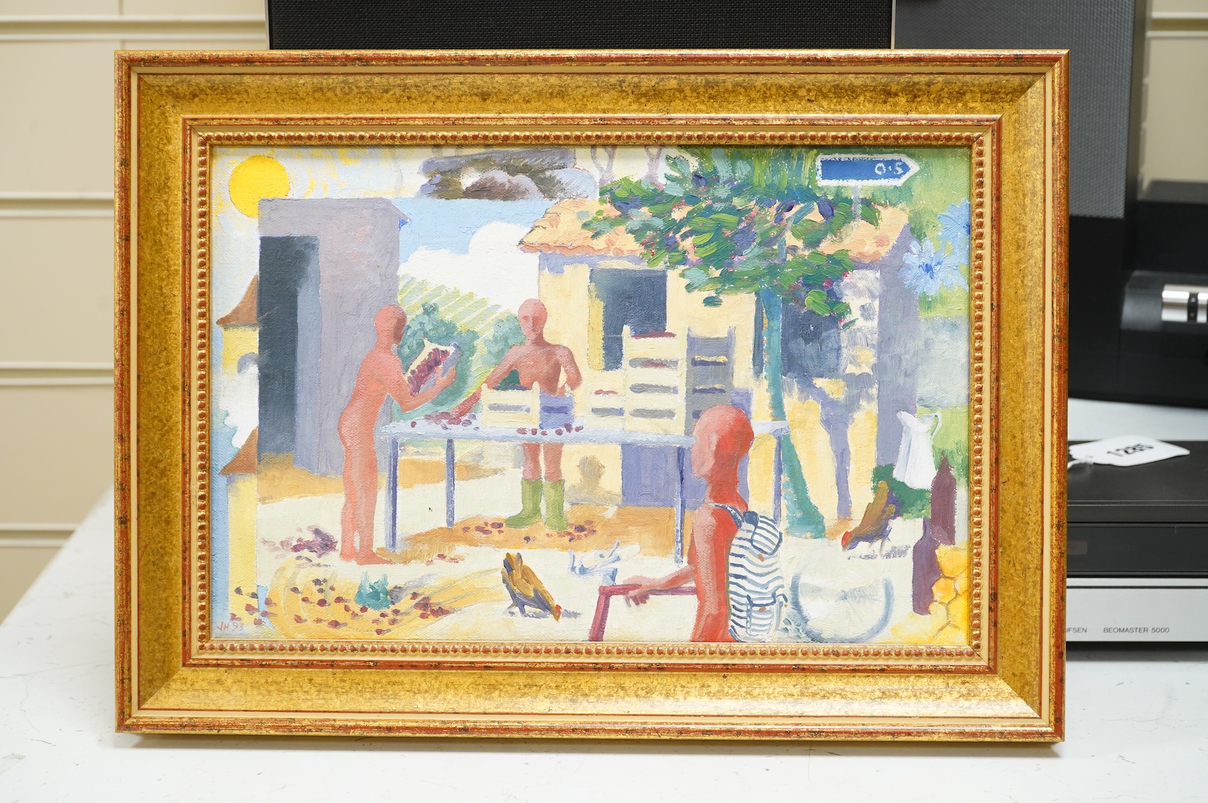 Mid century style, abstract figures harvesting plums, signed JH and dated 93, oil on canvas, 19 x 29cm